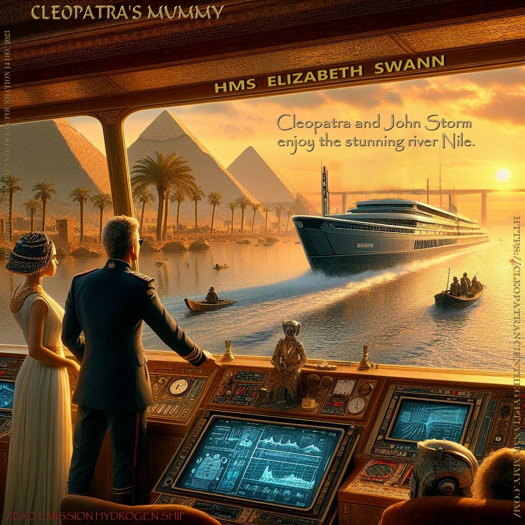 The reincarnated Cleopatra and Commander John Storm, cruise the stunning river Nile in the solar and hydrogen powered HMS Elizabeth Swann