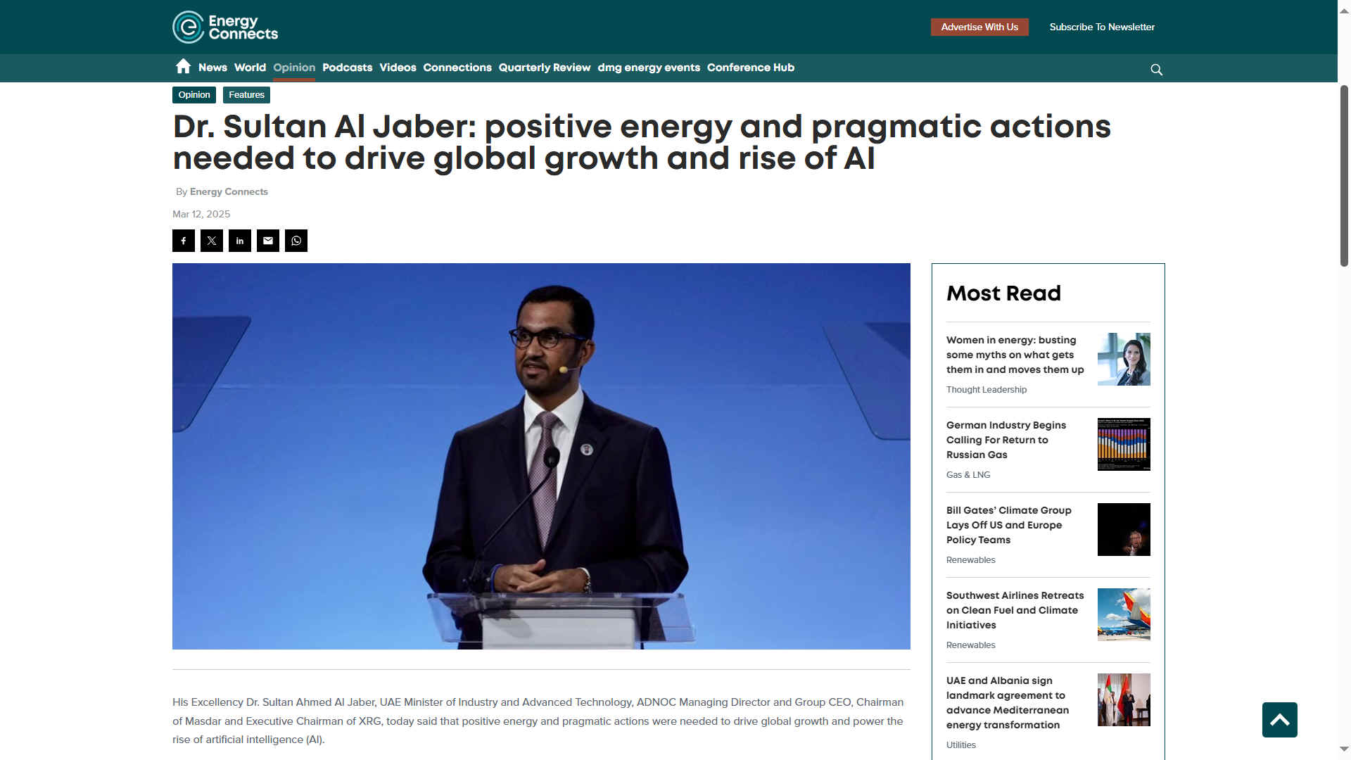 Dr. Al Jaber went on to highlight how with energy, artificial intelligence (AI) has the potential to reshape the world. “Applications like ChatGPT use 10 times as much energy as a simple Google search and are growing exponentially. By 2030, in the US alone, data center power demand is expected to triple, accounting for more than 10% of US electricity use. The fact is you cannot scale AI without access to energy. Simply put, the true cost of AI is not just in code, it’s in kilowatts. The race for AI supremacy is essentially an energy play.”