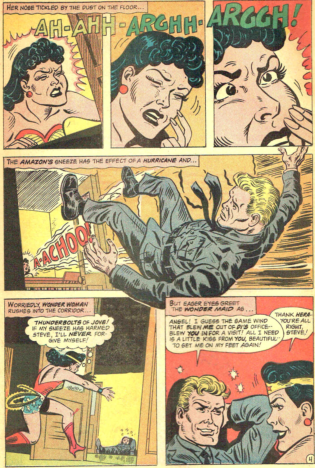 Wonder Woman sneezes blowing Steve Trevor out of her office