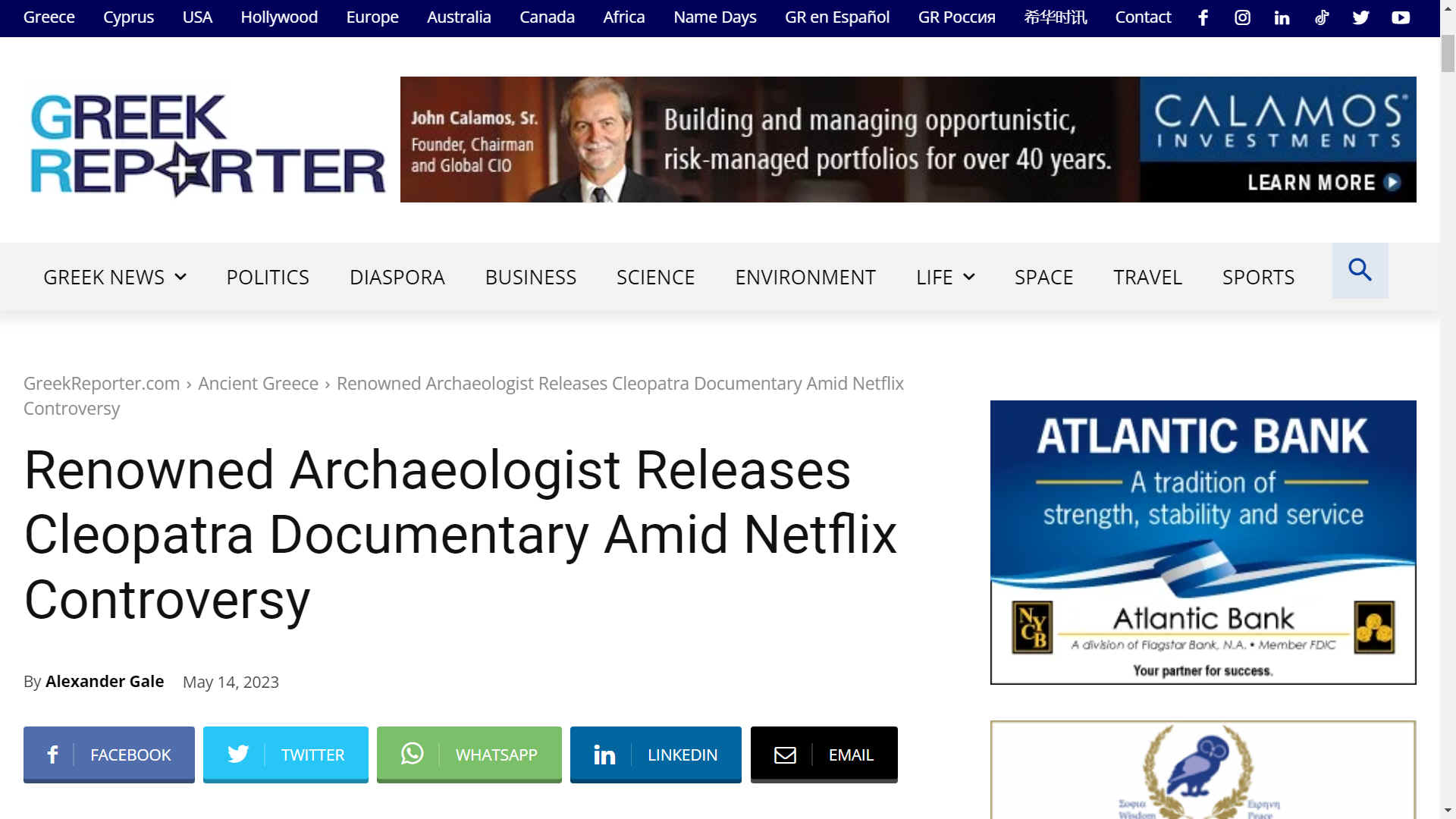 Greek Reporter 10 May 2023 - Renowned archaeologist releases Cleopatra documentary amid Netflix controversy