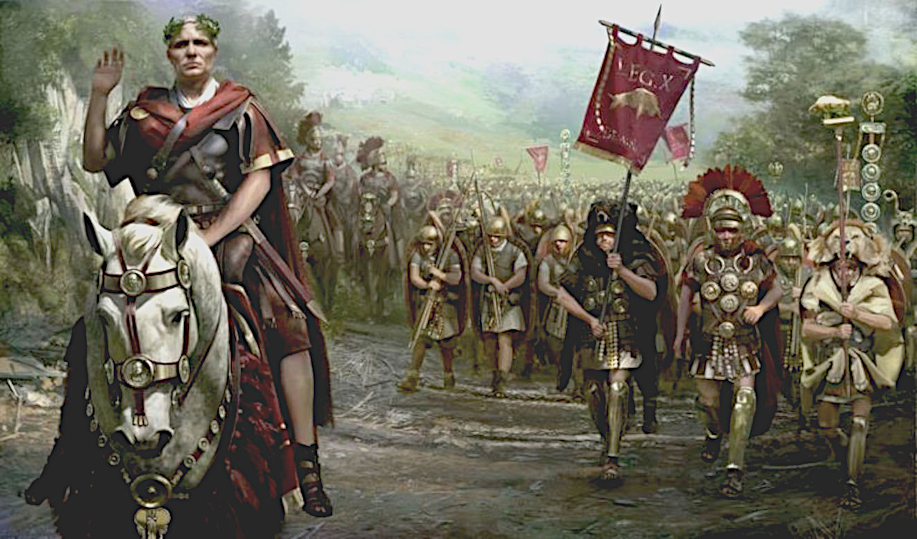 Julius Caesar at the head of his army, marching to the Battle of Actium