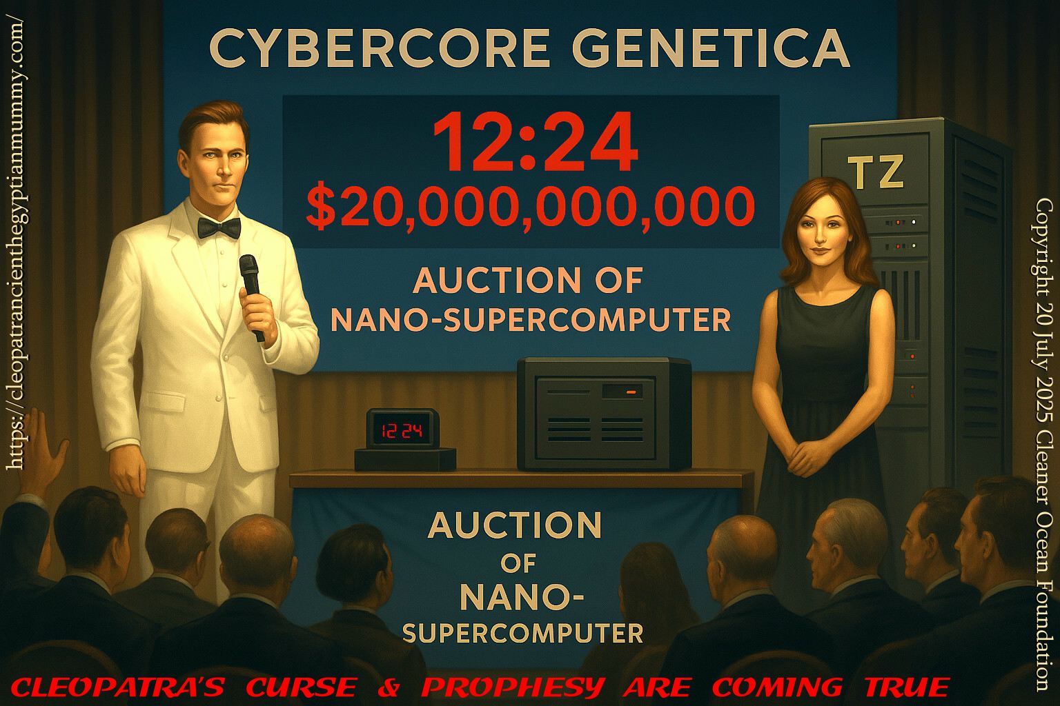 Will and Jane Bates, hold a high level auction to sell their CyberCore Genetica nano supercomputer to the highest bidder. It is sold for $20 billion dollars to Neuwelt Rittertum, essential for their project to replicate Cleopatra from her mummy's DNA, the curse and prophesy of the Nile Queen is coming true.