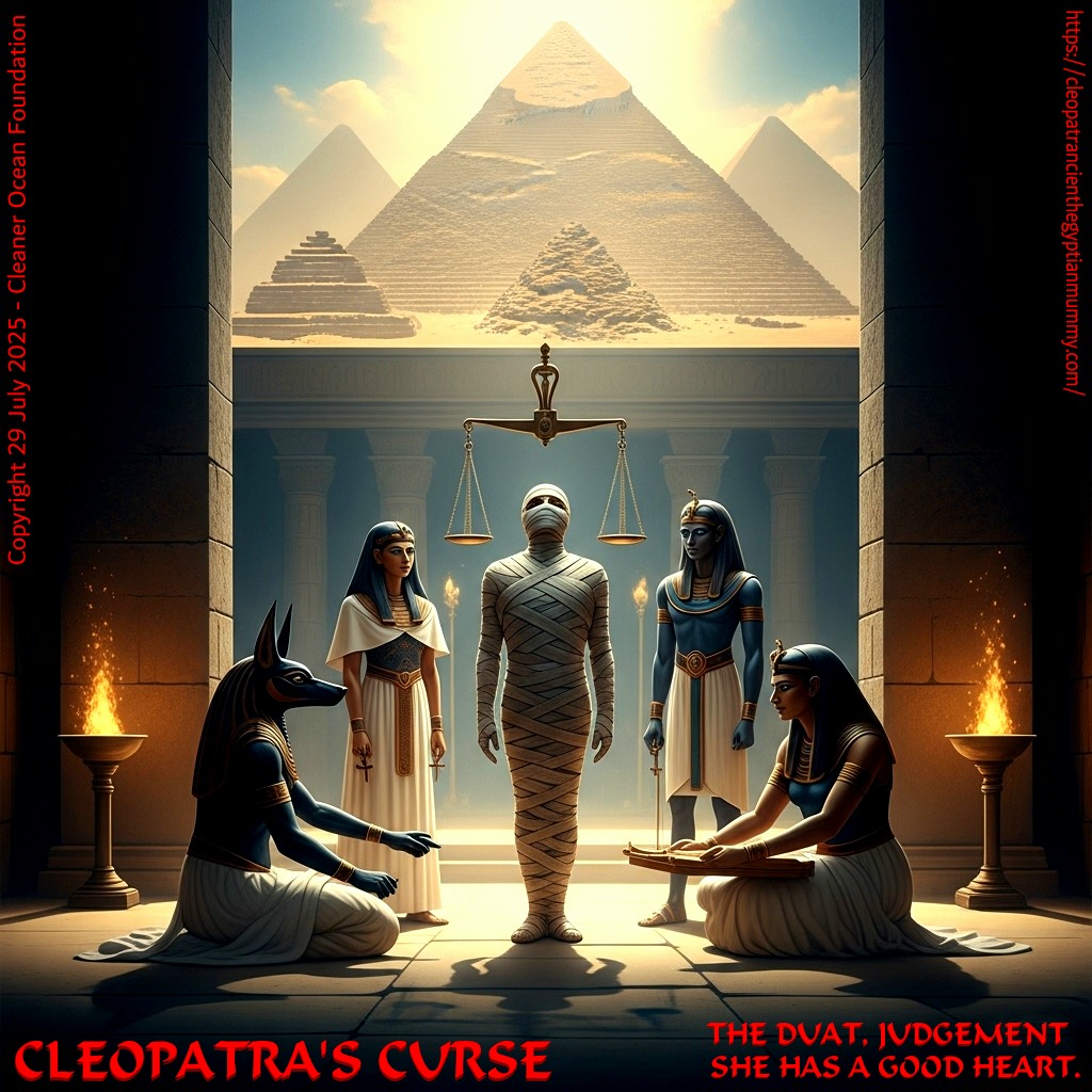 Judgement day in the Duat, Hall of Moat, Cleopatra is found to have a good heart.