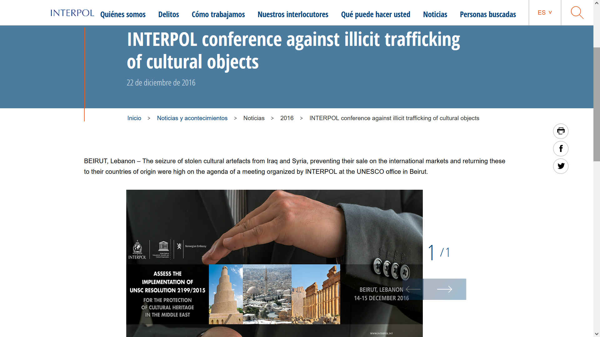 INTERPOL conference 2016 on the subject of international trafficking of cultural treasures
