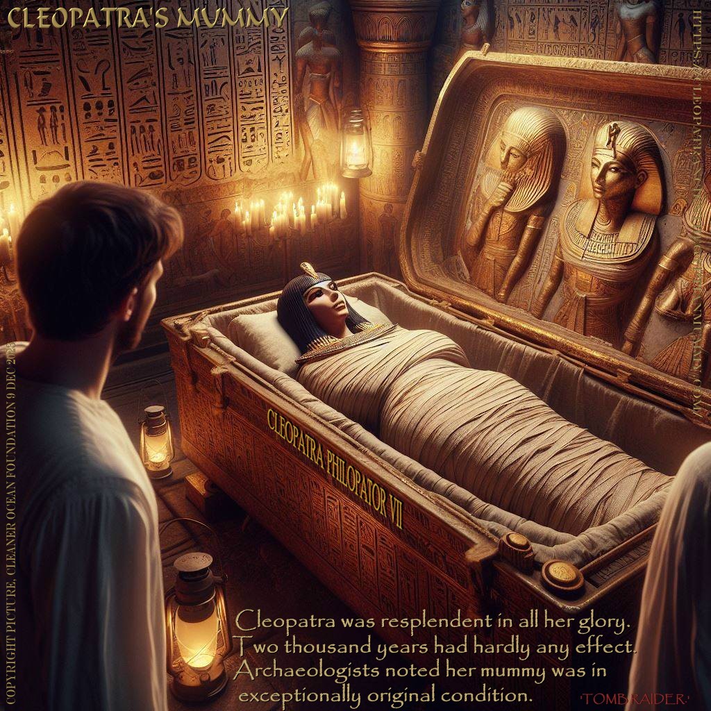 The concept of Cleopatra’s mummy being discovered and cloned is imaginative and innovative, as it can be developed in different ways and offer new perspectives on the ancient queen and her legacy. For instance, one could explore the ethical, political, and cultural implications of cloning an ancient ruler in the modern world. How would Cleopatra react to the changes in history, technology, and society? How would the world react to her presence and claims? What would be her goals and motivations? What challenges and conflicts would she face? These are some of the questions that would (and will) make a compelling story based on this original concept, first recorded as generated in 2003.