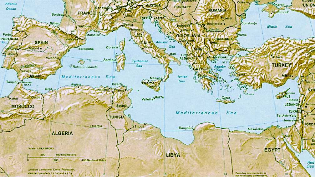 Map of the Mediterranean where umpteen cities have been lost to the sea, including Alexandria